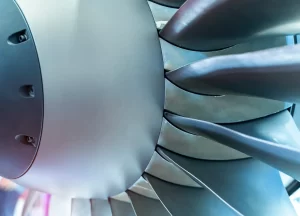 Close-up of the internal structure of a jet engine.