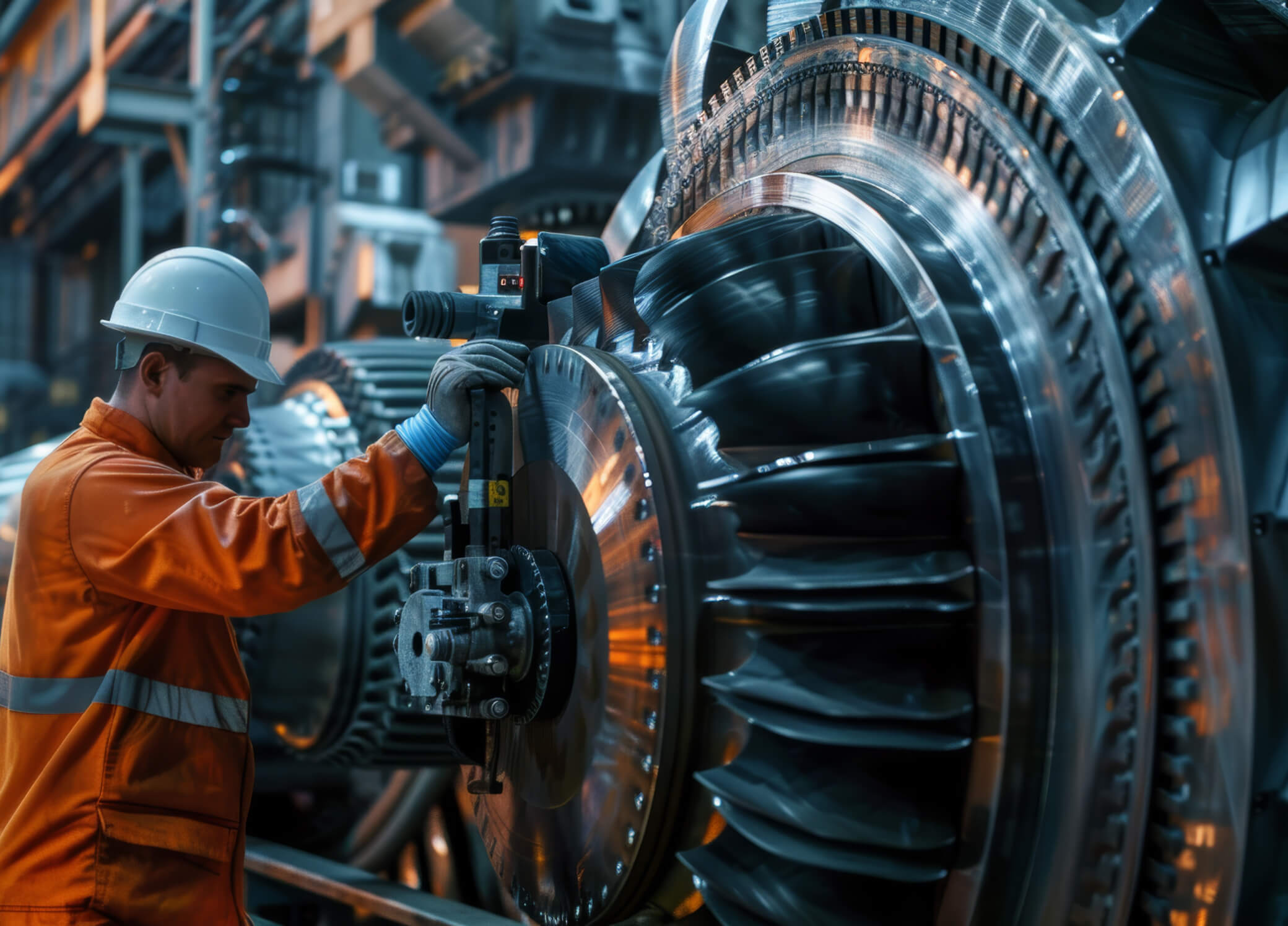 Engineer inspecting oversized nuclear turbine rotor forging