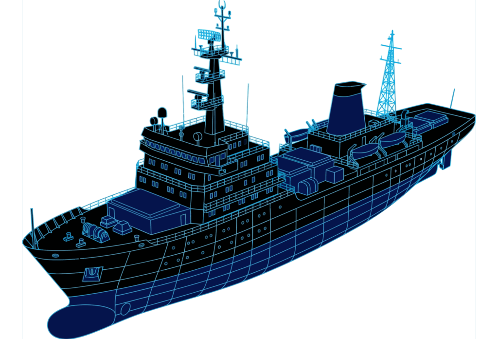 Blue-toned technical line illustration of a naval support vessel showing deck structures and masts