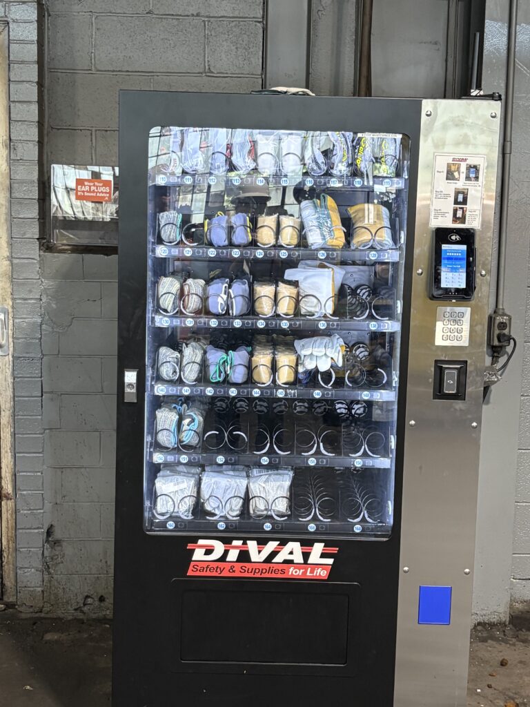 PPE vending machine at Canton Drop Forge stocked with work gloves and other items that give employees 24/7 access to safety gear